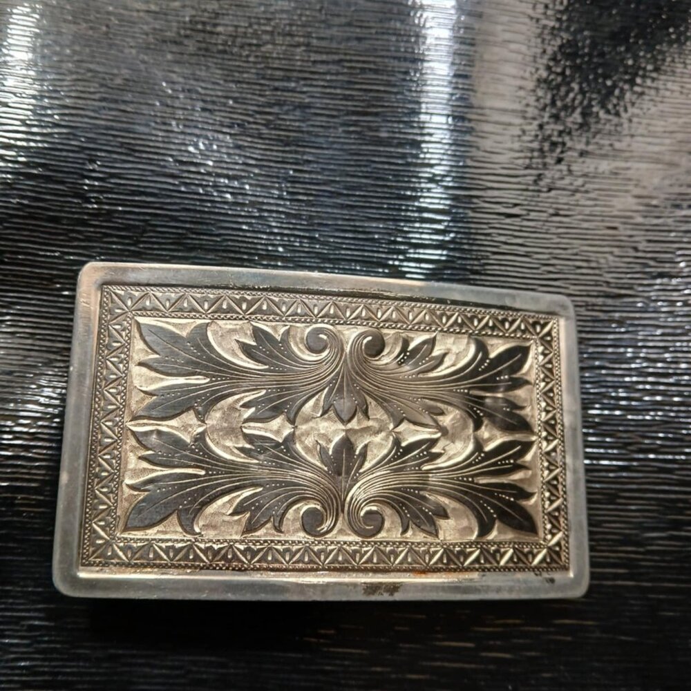 Vintage Lyntone Co. Engraved Scrolled Nickel Plated Western Belt Buckle